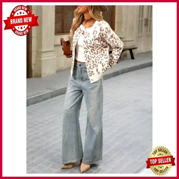 Leopard Print Cardigan Button Down Long Sleeve Crew Neck Sweater Tops - Picture 5 of 5